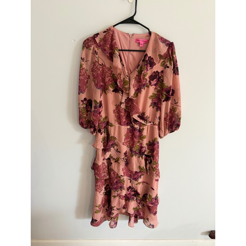 Betsey Johnson Floral Ruffle‎ Dress Pink Purple Long Sleeve Size 8